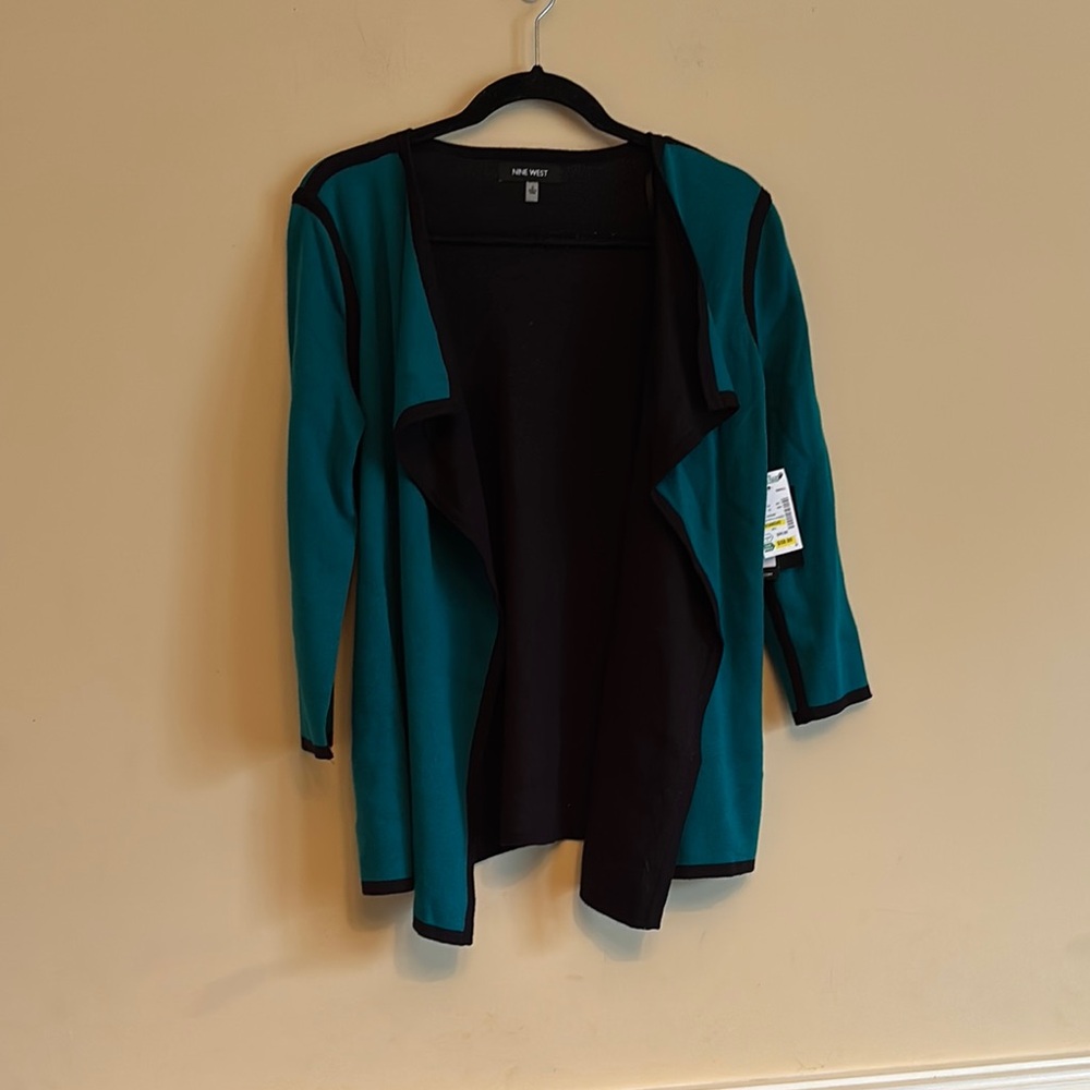 NWT Nine West Teal and Black Open Front Cardigan Size Small